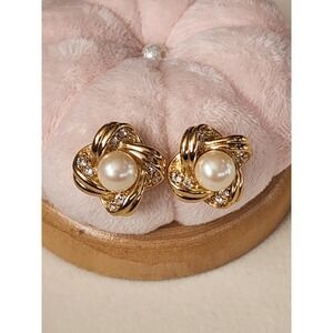 Vtg RICHELIEU Signed Love Knot & Faux Pearl Huggie Earrings Gold Tone FREE $HIP